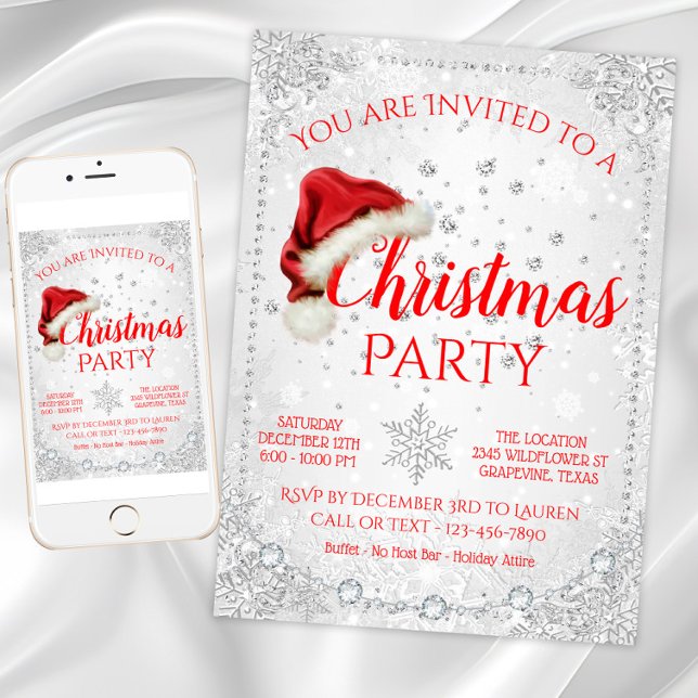 Red White Weihnachtsmannmütze Snowflake Weihnachte Einladung (Snowflake Christmas party invitation with Santa hat. Digital download and printed invitations.)