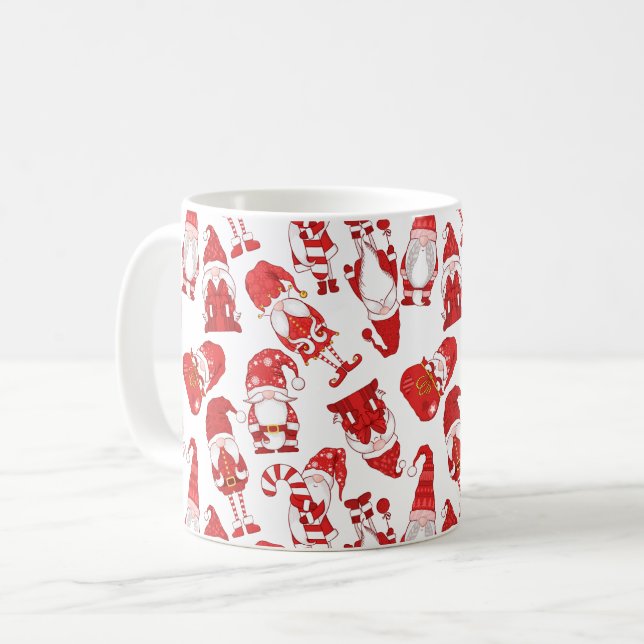 Red & White Whimsical Christmas Gnome Pattern Kaffeetasse (Vorderseite Links)