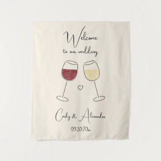 Red White Wine Glass Wedding Welcome Wandteppich