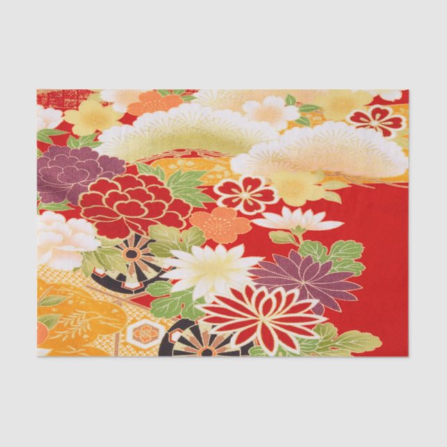 Red White Yellow Japanisch Kimono Floral Decoupage Seidenpapier (Vorderseite)