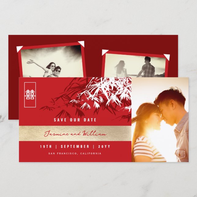 Red White Zen Bamboo Blätter Foto Chinesische Hoch Save The Date (Vorne/Hinten)