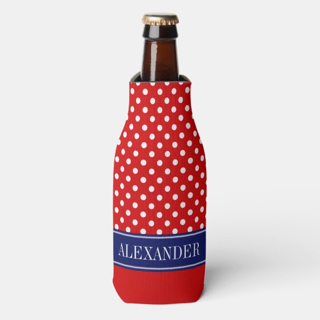 Red WhPolka Dot CB Navy Name Monogram Flaschenkühler (Flaschenvorderseite)