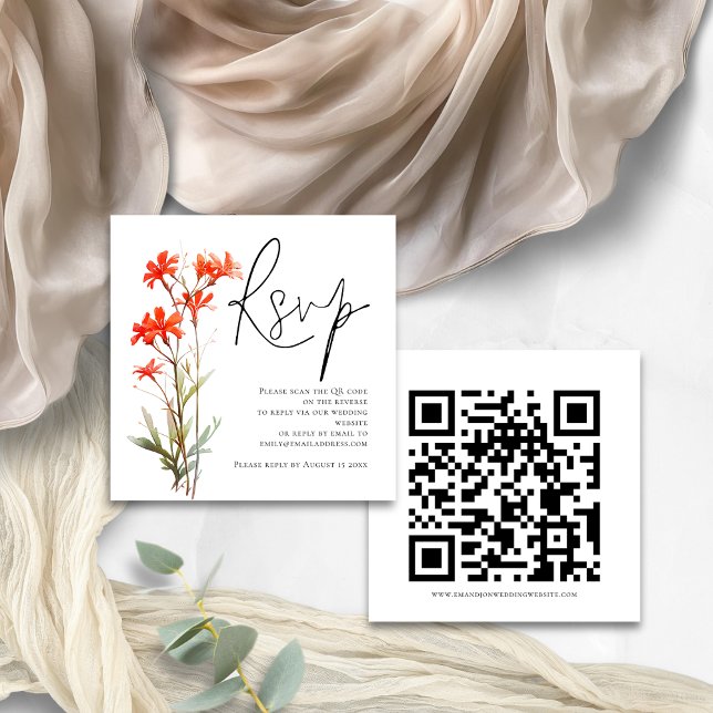 Red Wildflowers Script QR Code Wedding RSVP  Begleitkarte (Front and back view)
