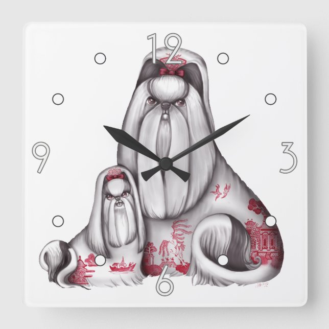 Red Willow Shih Tzus Wall Clock Quadratische Wanduhr (Vorderseite)