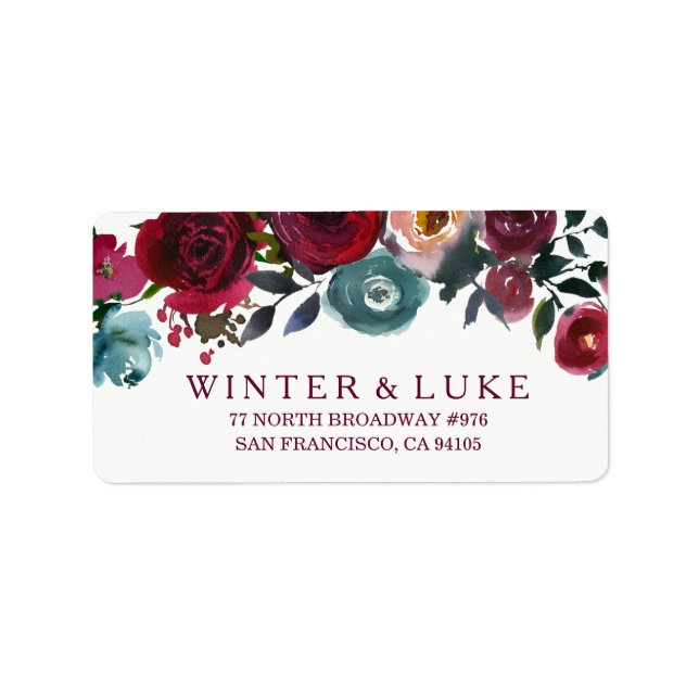 Red Wine Burgundy Floral Wedding Address Label Adressaufkleber (Vorne)