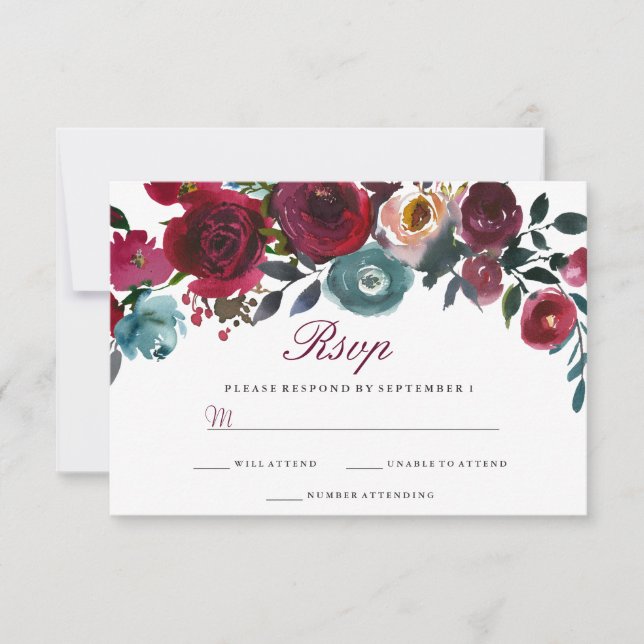 Red Wine Burgundy Floral Wedding RSVP Karte (Vorderseite)