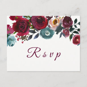 Red Wine Burgundy Floral Wedding RSVP Postkarte
