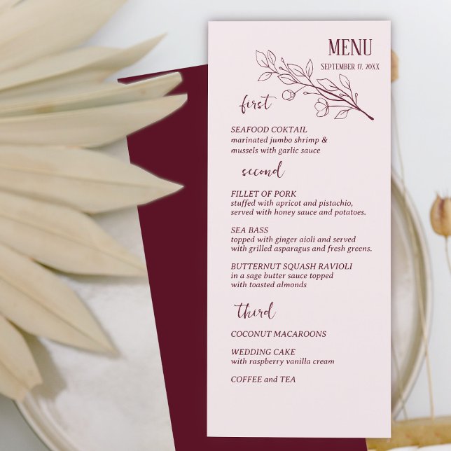Red Wine Simple Boho Floral Wedding Menu Menükarte (Von Creator hochgeladen)