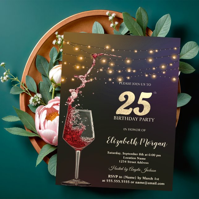 Red Wine String Lights 25th Birthday Party Einladung (Von Creator hochgeladen)