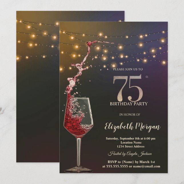 Red Wine String Lights 75th Birthday Party Einladung (Vorne/Hinten)