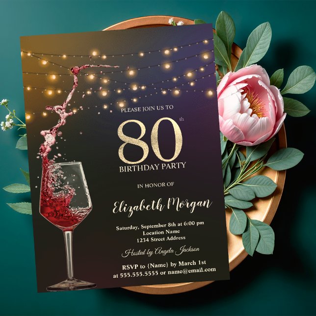 Red Wine String Lights 80th Birthday Party Einladung (Von Creator hochgeladen)
