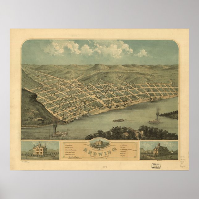 Red Wing Minnesota 1868 Antique Panoramabalkarte Poster (Vorne)