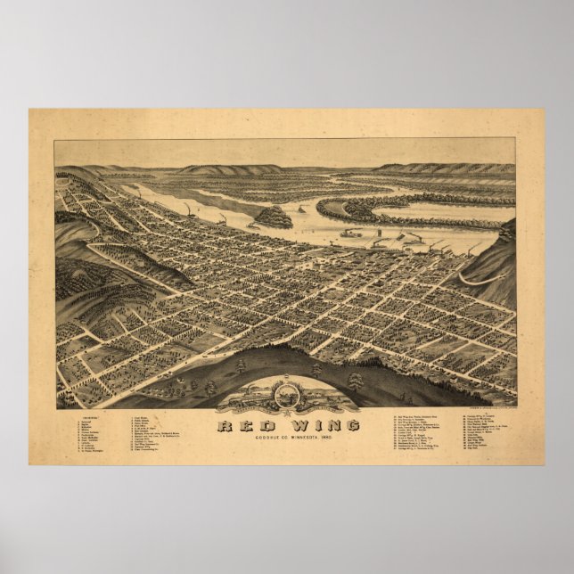 Red Wing Minnesota 1880 Antique Panoramabalkarte Poster (Vorne)