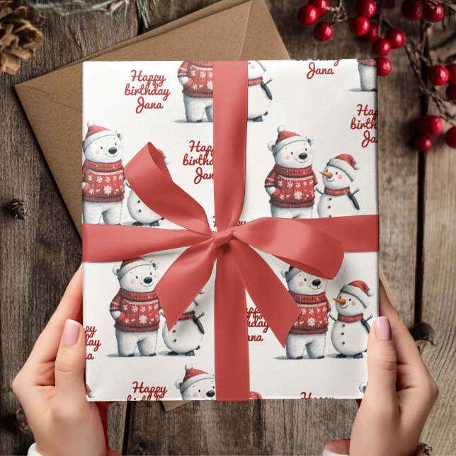 Red Winter Bear & Snowmen | Winter Geschenkpapier (Von Creator hochgeladen)