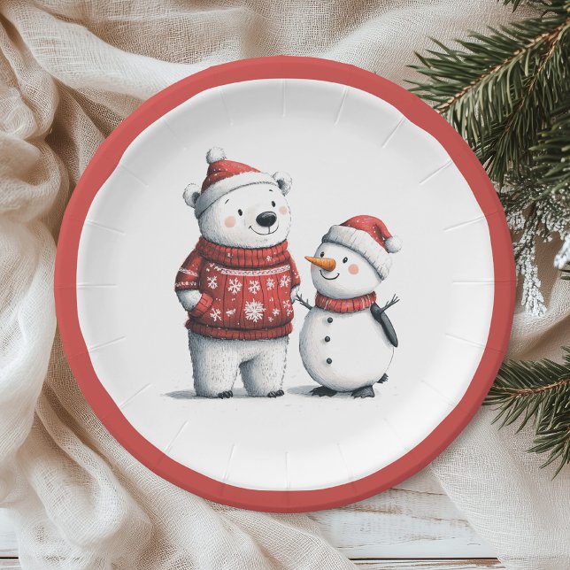 Red Winter Bear & Snowmen | Winter Wonderland Pappteller (Von Creator hochgeladen)