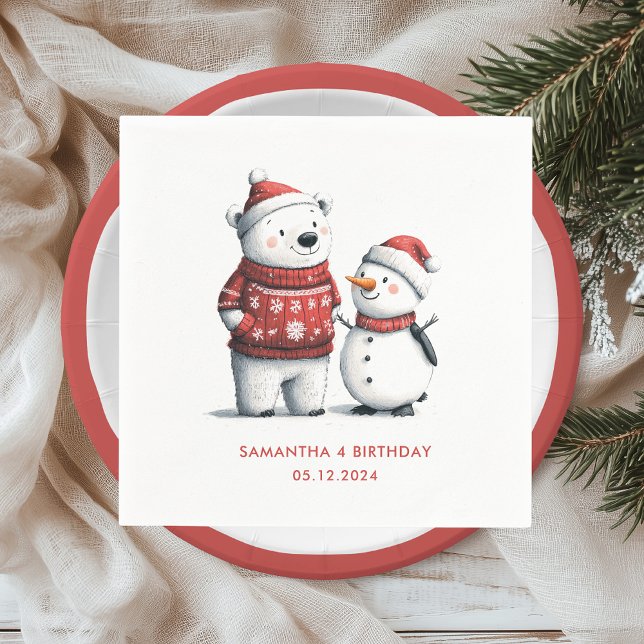 Red Winter Bear & Snowmen | Winter Wonderland Serviette (Von Creator hochgeladen)