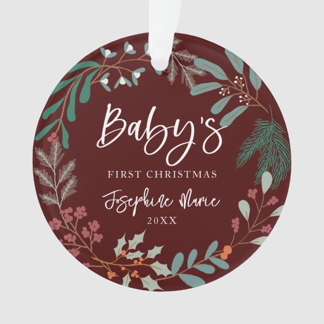 Red Winter Botanical Baby's First Christmas Ornament (Vorderseite)