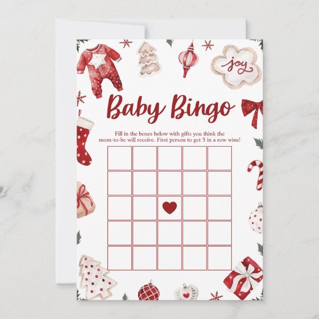 Red Winter Christmas Baby Bingo Baby Showspiel Einladung (Vorderseite)