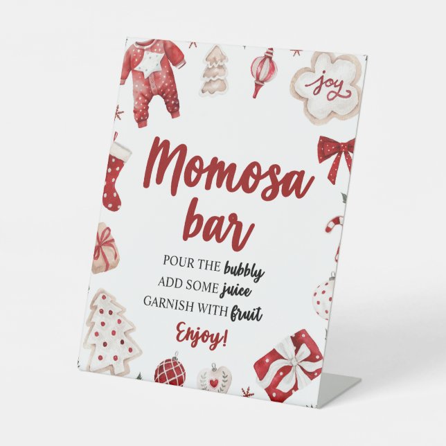 Red Winter Christmas Baby Dusche Momosa Bar Sign Sockelschild (Vorderseite)