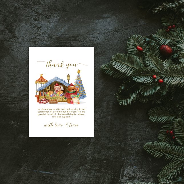 Red Winter Farmer Market Teddy Bear Baby Shower  Dankeskarte (Red Winter Farmer Market Teddy Bear Baby Shower Thank You Card)