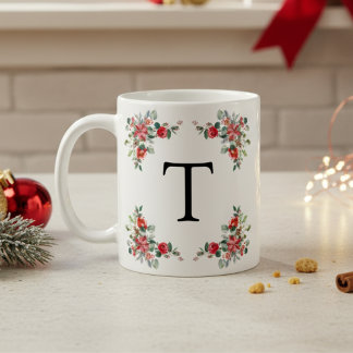 Red Winter Florals Monogram Kaffeetasse