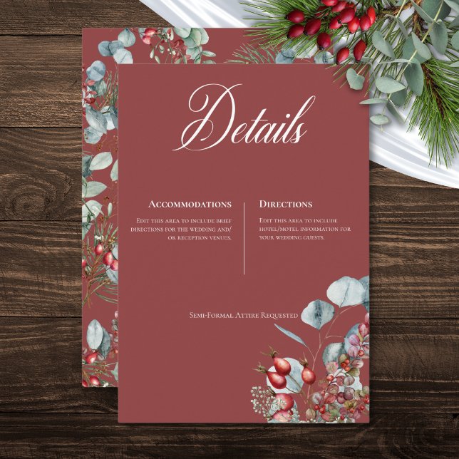 Red Winter Pine Berries Eucalyptus Wedding Begleitkarte (Red Winter Pine Berries Eucalyptus Wedding Enclosure Card)