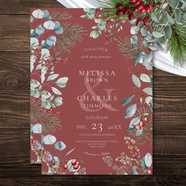 Red Winter Pine Berries Eucalyptus Wedding Einladung (Red Winter Pine Berries Eucalyptus Wedding Invitation)