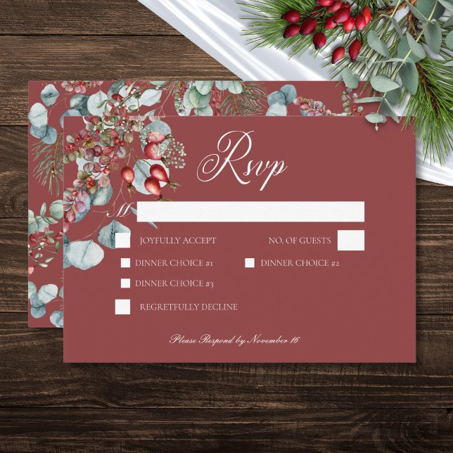 Red Winter Pine Berries Eucalyptus Wedding RSVP Karte (Red Winter Pine Berries Eucalyptus Wedding RSVP Card)