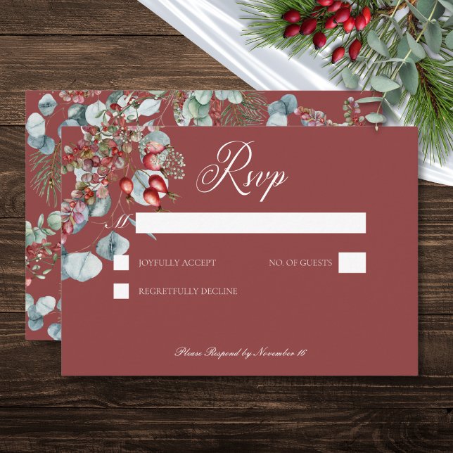 Red Winter Pine Berries Eucalyptus Wedding RSVP Karte (Red Winter Pine Berries Eucalyptus Wedding RSVP Card)