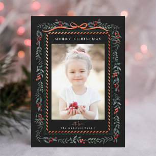 Red Winterberry Frame Black Christmas Foto Feiertagskarte