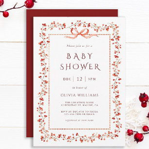 Red Winterberry Frame Girl Baby Dusche Einladung