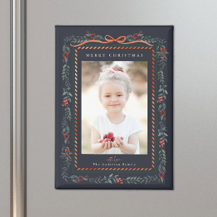 Red Winterberry Frame Navy Weihnachts-Foto Magnet