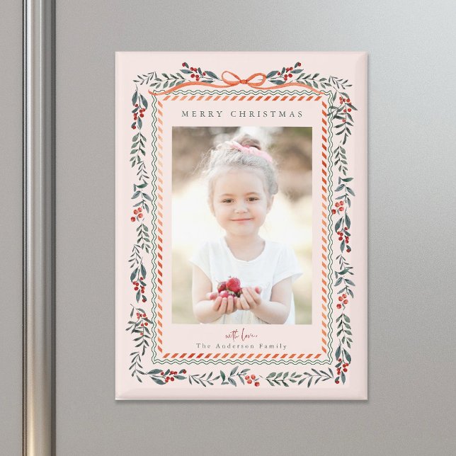 Red Winterberry Frame Pink Weihnachts-Foto Magnet (Von Creator hochgeladen)