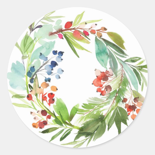 Red Winterberry und Juniper Wreath Weihnachten Runder Aufkleber (Vorderseite)