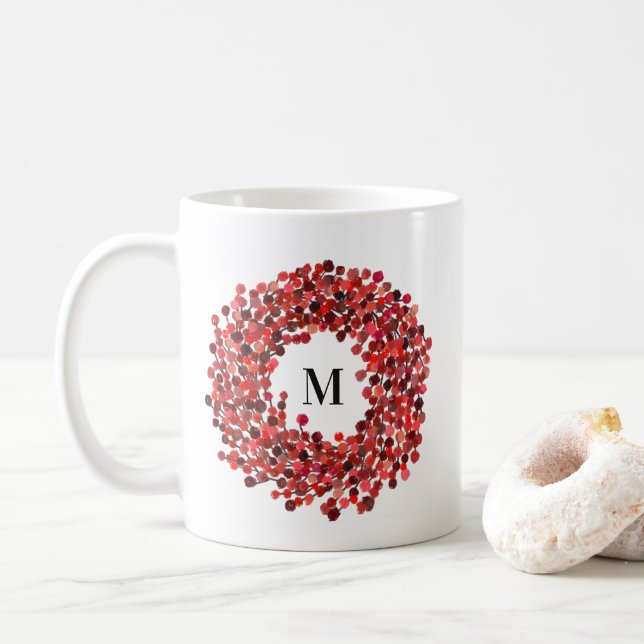Red Winterberry Wreath Monogram Kaffeetasse (Mit Donut)