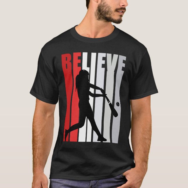 Red Womens Believe Baseball Motivational Softball  T-Shirt (Vorderseite)