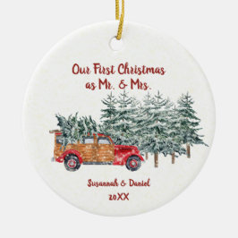 Red Woodie Pine Trees Schnee unsere ersten Weihnac Keramik Ornament
