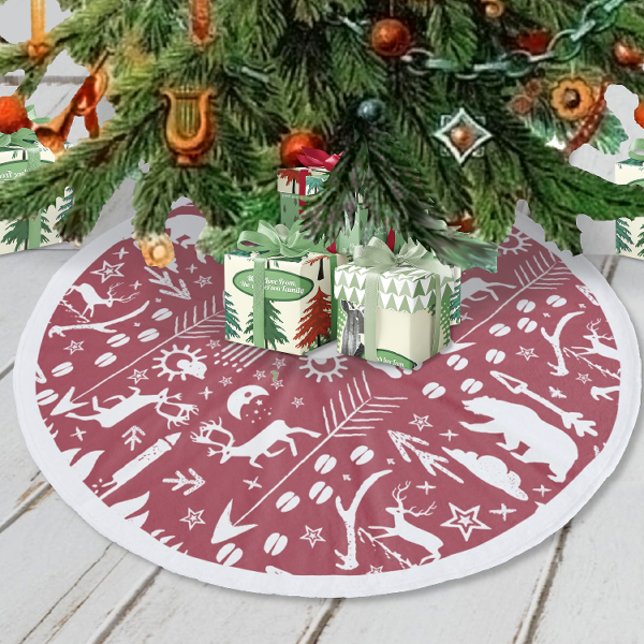 Red Woodland Deer Bear Tracks Frohe Weihnachten Fleece Weihnachtsbaumdecke (Von Creator hochgeladen)