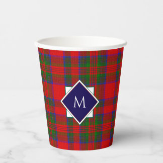 Red Wool Plaid Tartan with Central Monogram Badge Pappbecher