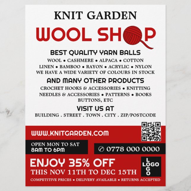 Red Wool Shop Logo, Knitter Store, Garnspeicher Flyer (Vorne)