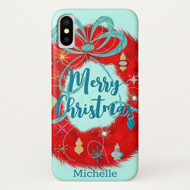 Red Wreath Retro Christmas Case-Mate iPhone Hülle (Rückseite)