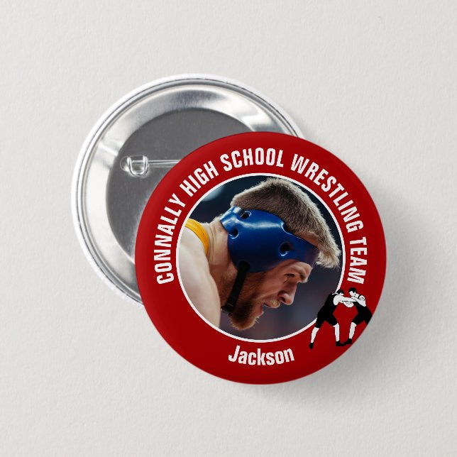 Red Wrestling Team Photo High School Wrestler Button (Vorne & Hinten)