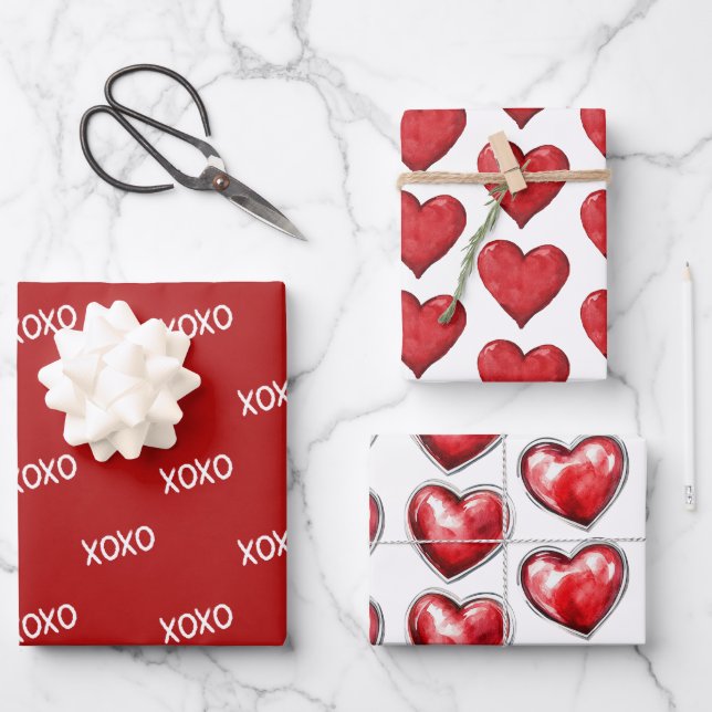 Red XOXO Herz Hochzeit Geschenkpapier Set (Vorderseite)