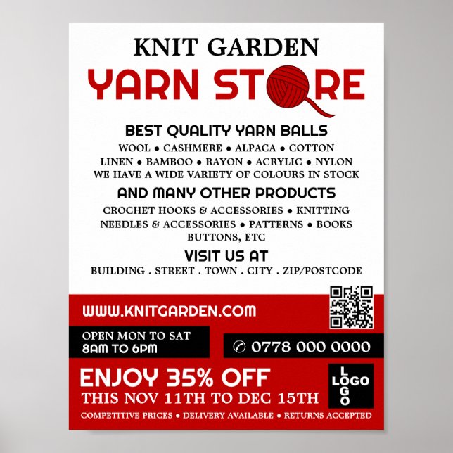 Red Yarn Store Logo, Knitting Store, Yarn Store Poster (Vorne)
