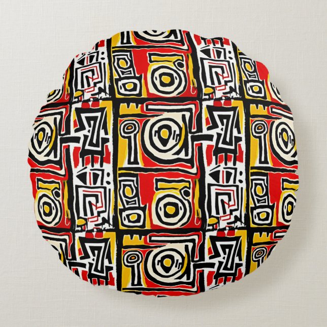 Red Yellow Black Abstrakt African Tribal Geometric Rundes Kissen (Vorderseite)