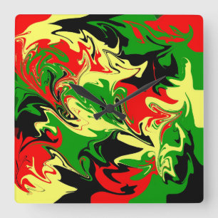 Red, Yellow, Black and Green Swirls Quadratische Wanduhr