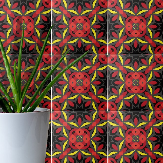 Red Yellow Black Ethnic Arabesque Mosaik Boho Chic Fliese (Von Creator hochgeladen)
