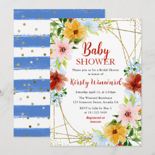 Red Yellow Blue Flowers Gold Frame Baby Dusche Einladung