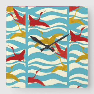 RED YELLOW FLYING CRANES ON WHITE BLUE SEA WAVES QUADRATISCHE WANDUHR
