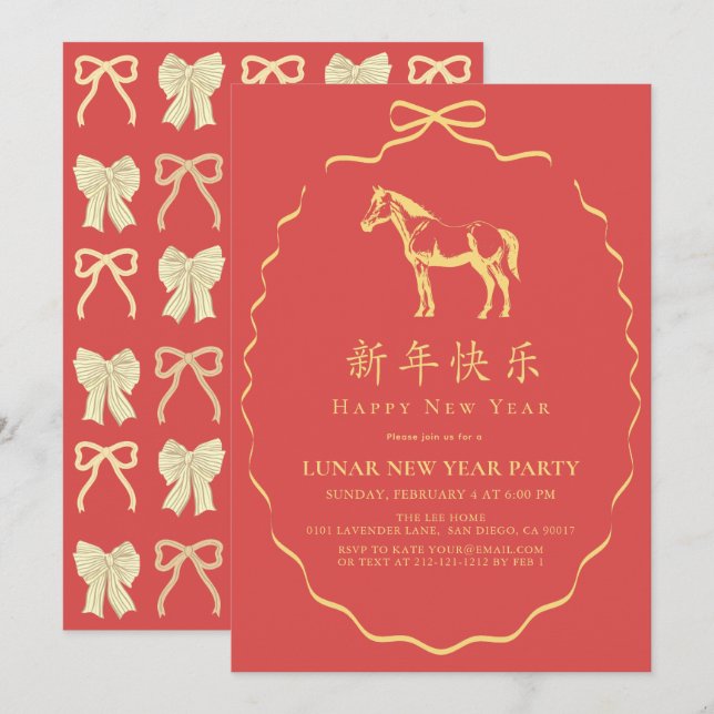 Red Yellow/Gold Bow Horse Chinese New Year Party Einladung (Vorne/Hinten)